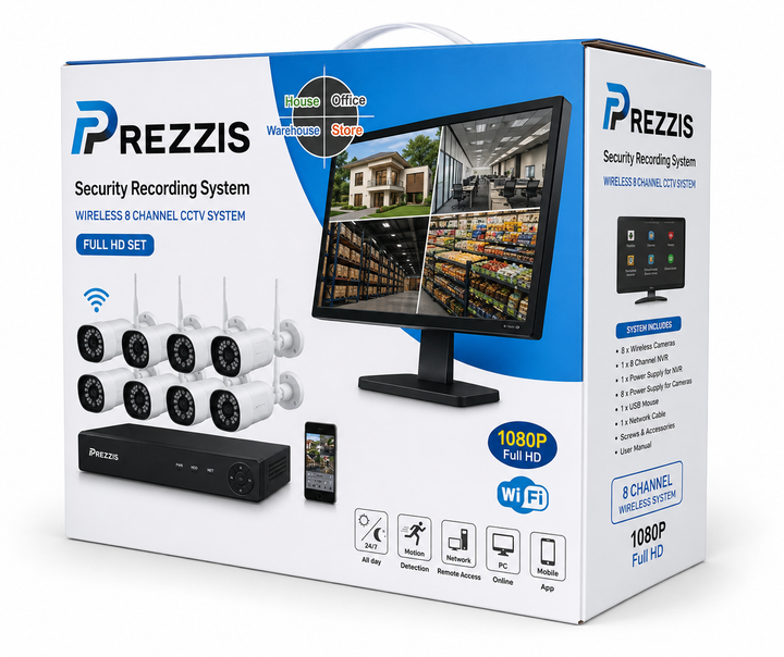 Kit 8 canali 1080p con DVR incluso WIFI, 8 telecamere, visione notturna a infrarossi e controllo da smartphone tramite app indicata nel manuale.