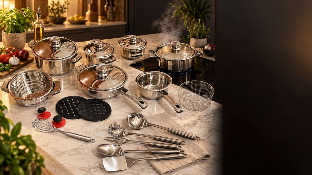 Il set completo disposto su un piano di marmo in una cucina in penombra, con una pentola che fuma sul piano a induzione