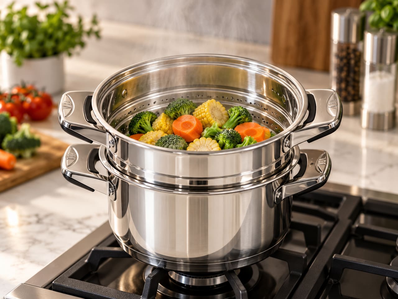 L’inserto forato appoggiato sulla pentola, pieno di broccoli, carote e mais, con il vapore che sale